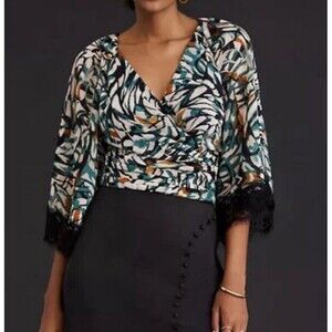 Anthropologie Flutter Sleeve Wrap Around Blouse Top Size Large Multicolor Lace